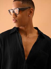 Musero Textured Plisse Long Sleeve Button Through Shirt Summer Streetstyle Vacation Casual - Black - View 5