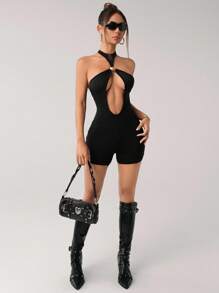 SHEIN ICON 金属装饰镂空露背性感紧身女式连体衣 - 黑色 - 查看 4