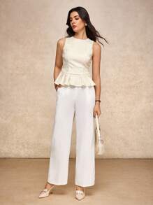 House of One Old Money Round Neck Jacquard White Top With Layered Flared Waist Hem Detail Women Elegant Summer Autumn White Peplum Top Peplum Tops Peplum Top Women White Elegant Top