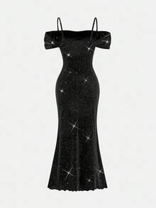 SHEIN 青少年女孩优雅纯黑色亮片天鹅绒露肩荷叶边袖合身美人鱼长裙、万圣节礼服、化妆舞会礼服、黑色长裙、仙女裙、万圣节派对礼服 - 黑色 - 查看 2