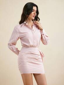 Mathilde Lhomme Vestido casual de mujer con falda acuchillada de cintura con cordón y camisa a rayas de mezcla de algodón - Rosa - Ver 6