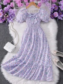 女童花卉印花蝴蝶结装饰短袖连衣裙