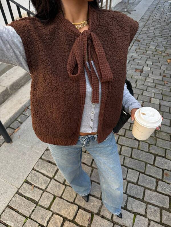 Siren Gaze Faux Fur Combination Jacket With Crochet Details And Front Tie Closure, Casual Women Sleeveless Vest Jacket