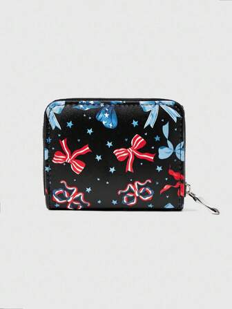 Grunge Punk 1pc Colorful Bow, Star & Striped Pattern Short Wallet, Minimalist Zipper Women Coin Purse
