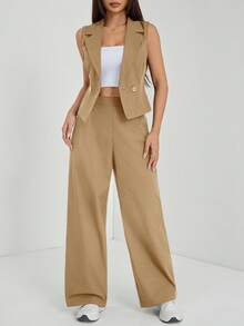 SHEIN PETITE Bộ trang phục thu hai mảnh 2 món/bộ dành cho nữ Áo không tay màu trơn và quần dài - màu nâu - Xem 4