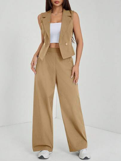 SHEIN PETITE Conjunto de 2 piezas de ropa de otoño, top sin mangas y pantalón de unicolor
