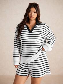 Elaquor Plus Size Striped Long Sleeve Top And Shorts 2 Pieces Set - Black - View 7