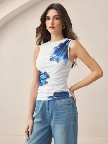 BizChic Women's 2025 Summer Casual Business Daily Elegant Beach Resort Tank Top, Suitable For Wedding Guests, Country Music Festival, Brunch, Airport Wear, 90s Vintage, Style, American Independent Watercolor Print Tank Top - White - View 6