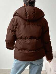 EURMUSE Áo khoác mùa đông có mũ trùm đầu, dây rút, chần bông dành cho nữ - màu nâu - Xem 2