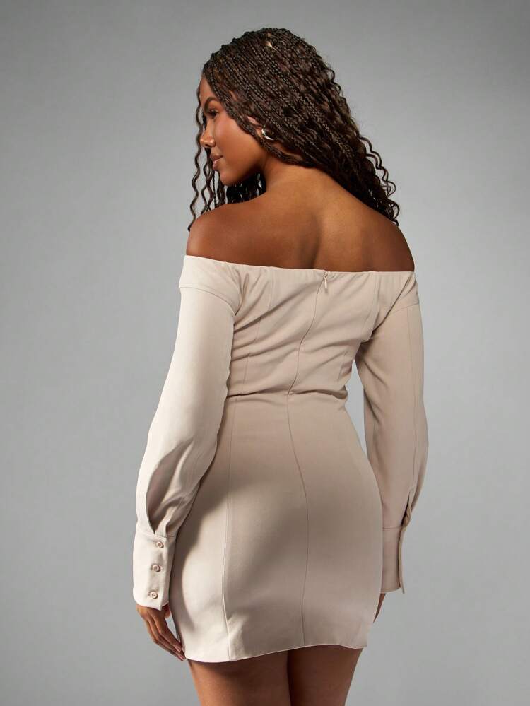 MISSGUIDED Bardot Long Sleeve Mini Dress Professional Fitted Bodycon Office Silhouette Puff Sleeve Elegant Winter Fall Special Occasion Party Evening Wear