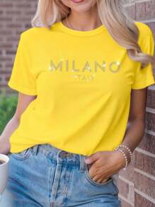 Flirla 大码女款 MILANO ITALY 字母印花 T 恤短袖休闲上衣 MILAN ITALY 图案 T 恤女款上衣