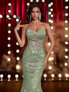 Glamrae 奢华串珠紧身胸衣，胸部褶饰，腰部手工装饰，可调节系带后背，美人鱼轮廓正式晚礼服（重装饰） - 綠色 - 查看 5