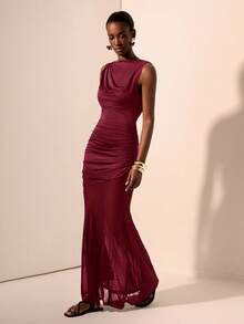 Zivah 2025 春夏新款音乐节、复活节、圣帕特里克节、西部风、游牧风、生日派对、毕业典礼、学院风、学生装、日常休闲、百搭百搭、休闲、邮轮旅行、海滩、日光浴、病毒式、街头服饰、婚礼宾客服装、通勤风格无袖圆领褶饰网眼双层侧褶拼接超长黑色连衣裙 - 酒紅色 - 查看 7