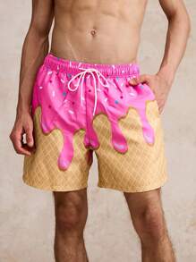 Surfspeed Men's Beach Vacation Drawstring Print Beach Shorts - Hot Pink - View 4
