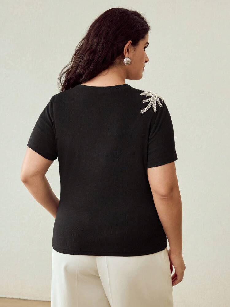 CHRISTMAS PLUS SIZE FAUX PEARL DETAIL SHORT SLEEVE T-SHIRT