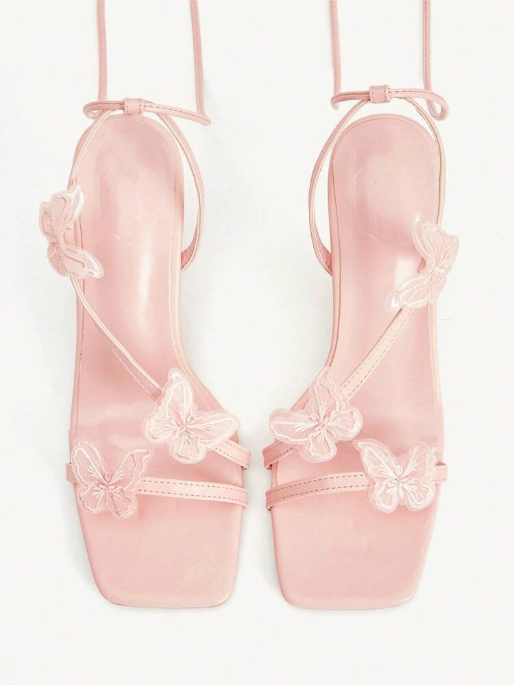 CUCCOO CHICEST Women's Elegant Butterfly Strap Criss-Cross Ankle Strap Square Toe Stiletto High Heel Sandals, Faux Leather, Shallow Pink, Suitable For Formal, Date, Party, Beach, Vacation