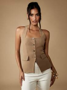 MISSGUIDED Halter Neck Waistcoat With Gold Button Detail Elegant Professional Office Wear Slim Fit Vest Business Formal Sleeveless Top Party Evening Wear - Khaki - View 5