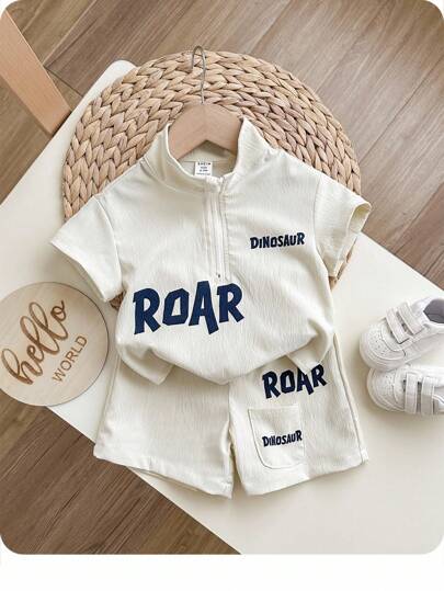 2pcs Baby Boy Summer Casual Korean Style Cute Letter Print Stand Collar Top Jacket And Shorts Set