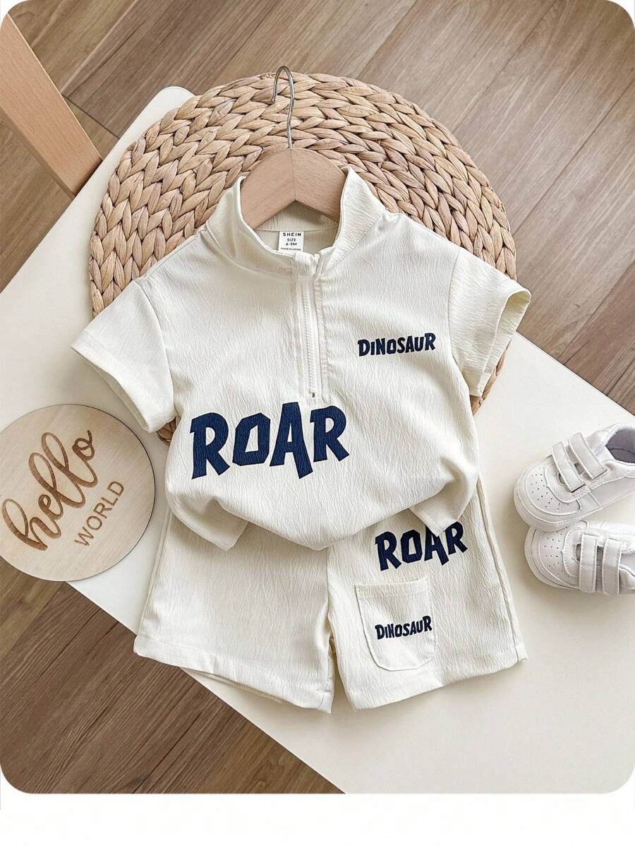 2pcs Baby Boy Summer Casual Korean Style Cute Letter Print Stand Collar Top Jacket And Shorts Set - Multicolor - View 1