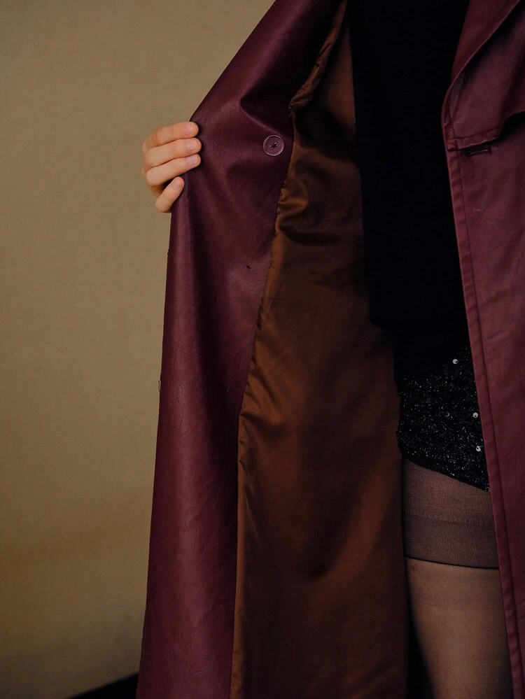 PU LEATHER BELTED DOUBLE BREASTED TRENCH COAT