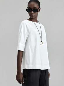 Ontre 2025 New Arrival Women Autumn/Fall Apparel, 2000s Retro Countryside Style Office Lady Casual Business Blouse, Summer Solid Crew Neck Raglan Sleeve Blouse - White - View 4