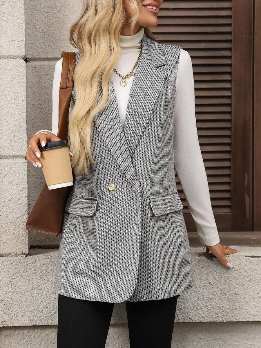 EMERY ROSE 女士纯色简约无袖西装外套，适合日常秋季穿着，包括女士西装外套、女士套装、商务休闲女装、秋季女装、教师装、办公室女装、教师制服、灰色西装外套。 - 黑與白 - 查看 1