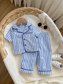 Bộ đồ ngủ dệt 2 món Dozemod Kids Baby Boy Baby Boy, áo sơ mi tay ngắn cài nút cổ sọc đơn giản và quần dài - Xanh và trắng - Xem 5