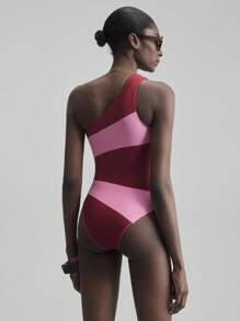 Ontre 2026 Spring/Summer New Music Festival, Graduation, Beach Vacation Style Asymmetric One Shoulder Stripe Print One-Piece Swimsuit & Beach Outfit For Women - Multicolor - View 4