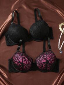 SHEIN 2 pièces Ensemble de soutien-gorge avec armatures en dentelle confortable et sans couture, tailles grandes, pour femmes. Ensemble de soutien-gorge push-up, rehaussant - Multicolore - Voir 1