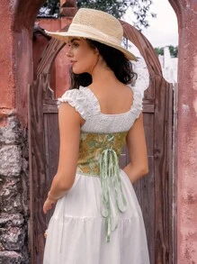 1pc Women's Yellow-Green Short Crop Top - Multicolor - View 2