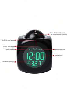 New Portable Multifunction LED Projection Alarm Clock Voice Announcement Time Display Auto Dimming Snooze Function Digital Night Light Projector For Bedroom Home Office Decor Modern Gadget