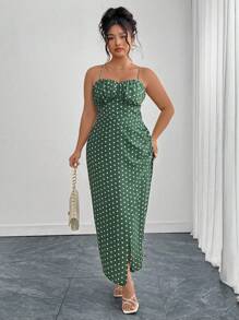 Flirla Plus Size Women's French Style Vacation Beach Gathered Bust Shirred Waist Slip Dress, Sleeveless, Suitable For Spring & Summer