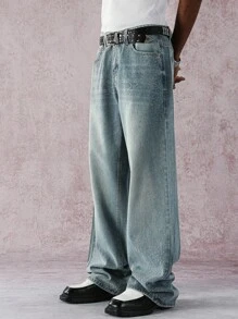 Manfinity EMRG 复古水洗蓝色直筒牛仔裤，带水钻星星装饰，春夏 - 藍色 - 查看 5