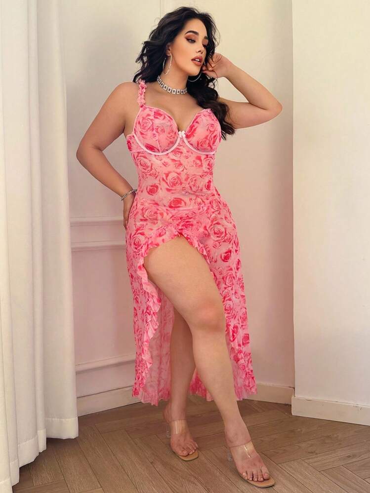 SHEIN 2 pièces Ensemble de nuisette fendue sexy à imprimé rose pour femmes - Rose bonbon - Voir 4