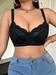 SHEIN Áo ngực có gọng ren chắp vá cỡ lớn cho nữ - màu đen - Xem 3