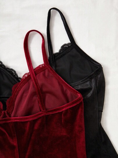 Elegante Fluwelen Kanten Camisole Nightgown Set, Sleep Lingerie Dress, Fall Clothes, Cozy view 3