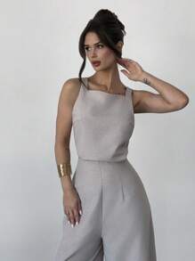 Firerie 春夏新款优雅简约杏色亚麻无袖收腰修身上衣和高腰长裤两件套，亚麻两件套，适合度假、通勤、海滩、机场等 - 杏色 - 查看 7