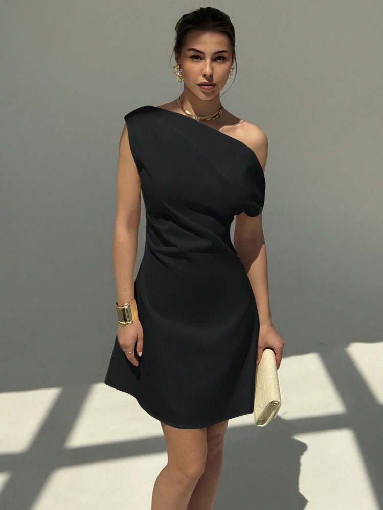Aloruh Elegant Asymmetric Shoulder Sexy Slim Waist Solid Color Mini Casual Dress - Navy Blue - View 3