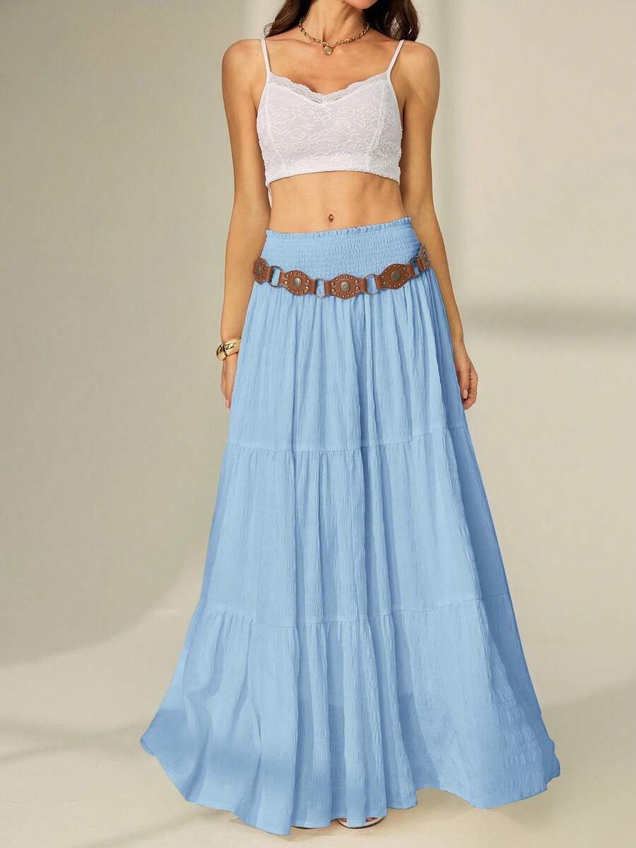 SHEIN Tall 女式纯色褶皱腰荷叶边下摆半身裙 - 淺藍色 - 查看 1