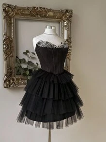 Lovelzi 优雅奢华红色哑光缎面手工水钻缀饰露肩蝴蝶结装饰 A 字褶皱礼服 - 黑色 - 查看 5