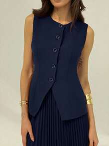 Aloruh Women 2pcs Solid Color Button Front Sleeveless Top And Mini Skirt Suit Set In Fall/Winter