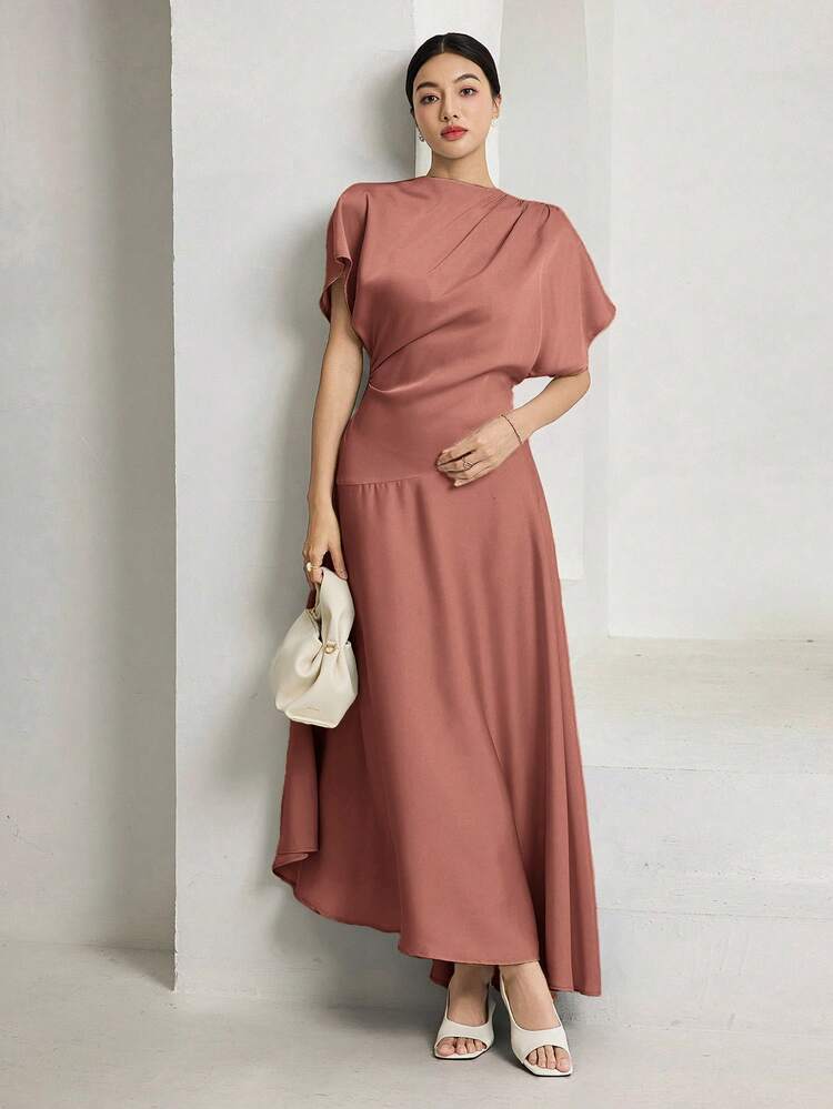 Heiryn Women's Elegant Solid Color Batwing Sleeve Dress - Pink - View 5