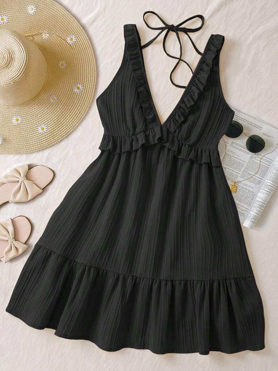 INAWLY 女士休闲荷叶边吊带简约迷你连衣裙，浅黄色优雅风格适合夏季度假 - 黑色 - 查看 1