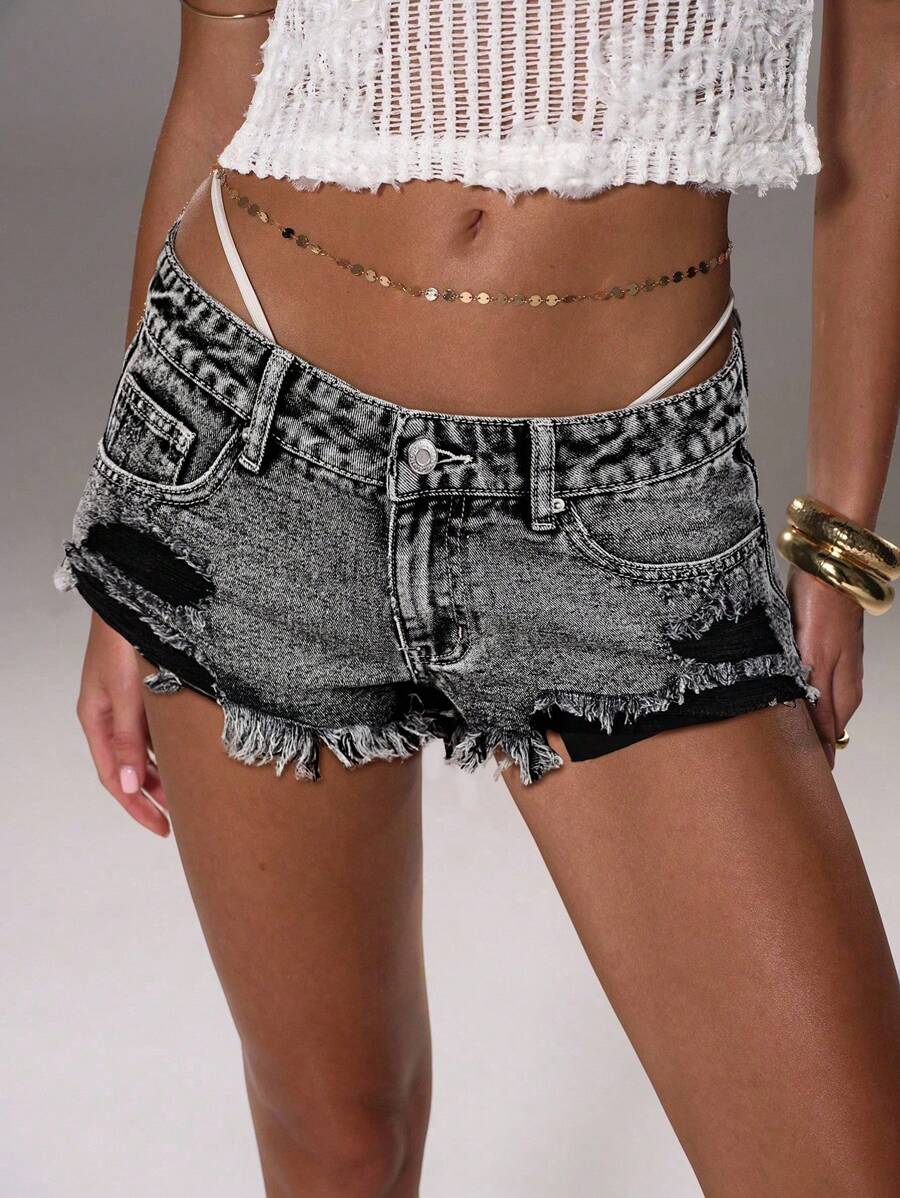 TRNVIE Summer Fashion Low Waist Ripped Denim Shorts - Grey - View 1