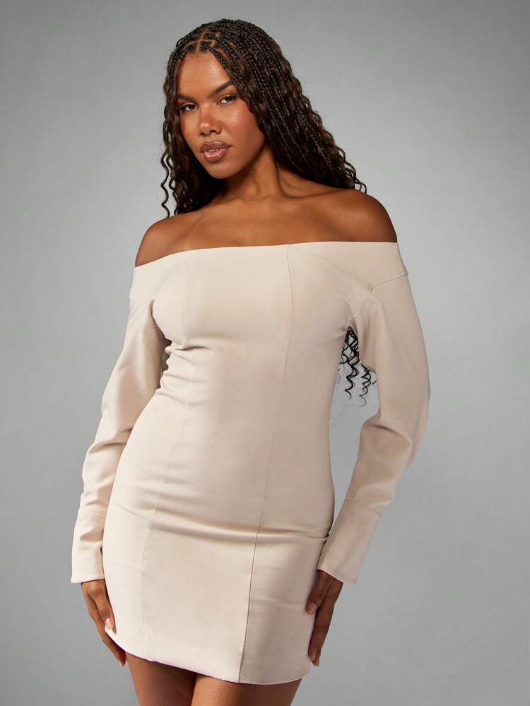 MISSGUIDED Bardot Long Sleeve Mini Dress Professional Fitted Bodycon Office Silhouette Puff Sleeve Elegant Winter Fall Special Occasion Party Evening Wear