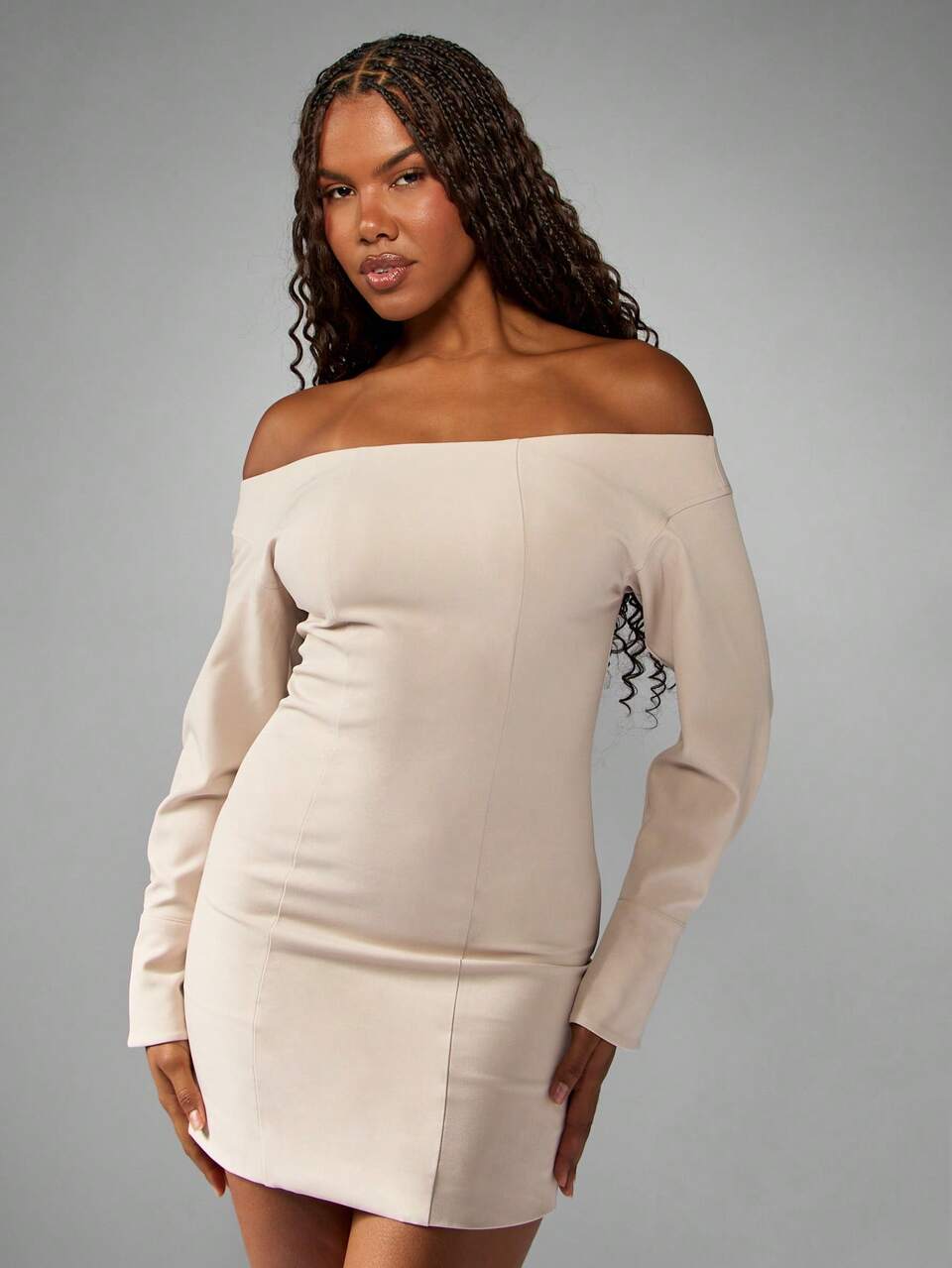 MISSGUIDED Bardot Langarm Mini-Kleid, professionell anliegende Bodycon-Silhouette, Puffärmel, elegant für Winter/Herbst, besondere Anlässe, Abendmode