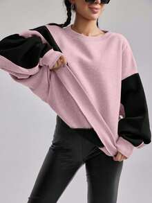 EURMUSE Cotton Colorblock Drop Shoulder Sweatshirt - Baby Pink - View 3