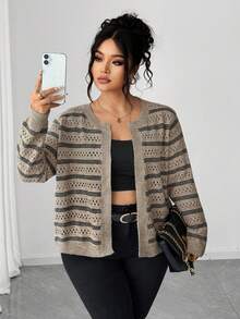 Elenzga Women's Plus Size Khaki Striped Knitted Cardigan,Smart Casual Round Neck Open Knit Crop Top For Autumn Vacation Winter,Fashionable Versatile Jacket - Camel - View 4