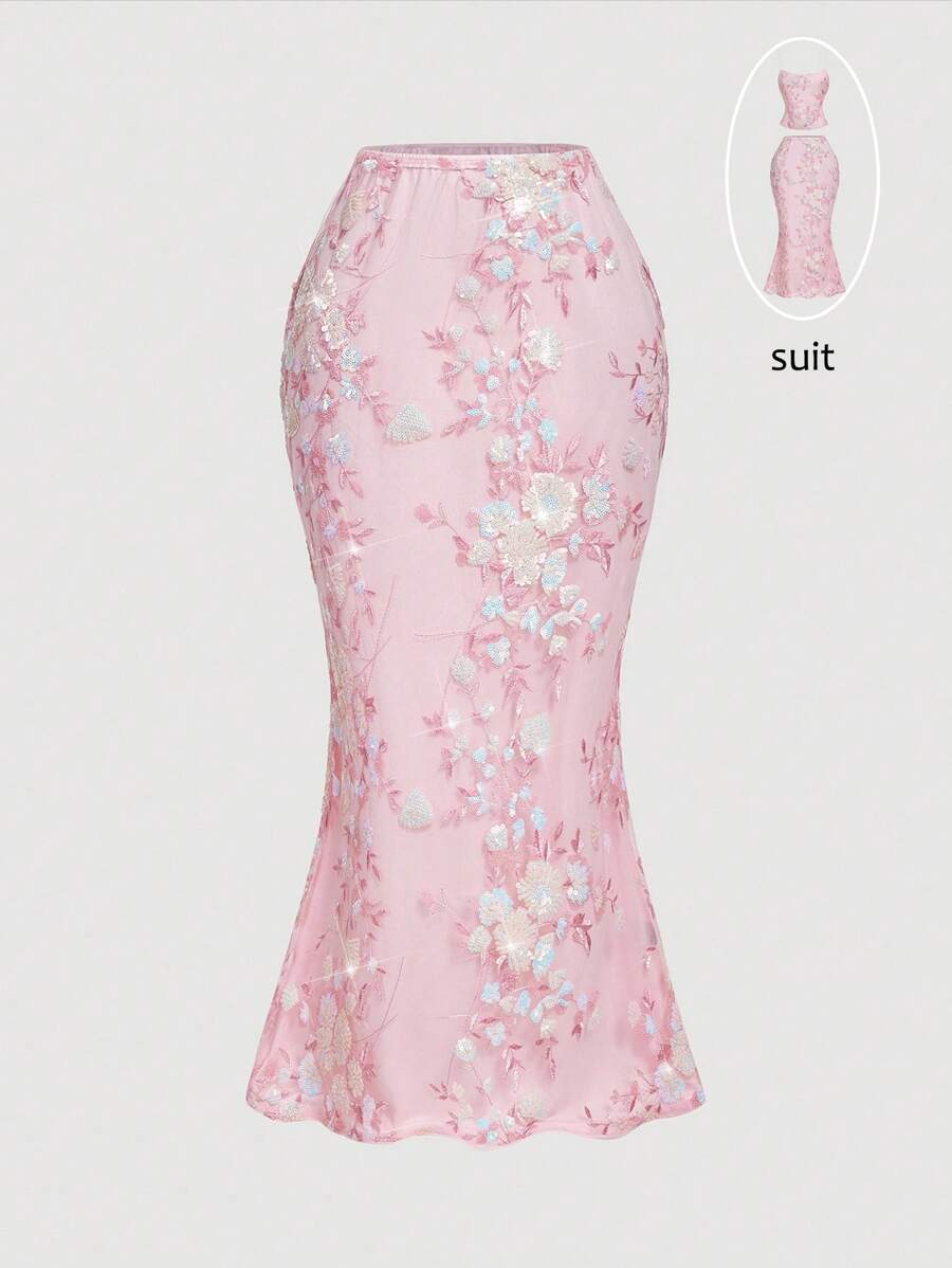 SHEIN MOD 女士优雅亮片刺绣美人鱼下摆裙、可爱上衣、舞会裙、生日、节日场合、返校、女士正式装、万圣节、乡村音乐会、狂欢、2000 年代风格、夏季、波西米亚风、巡航 - 粉色 - 查看 1