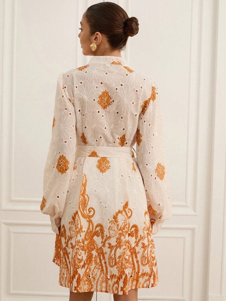 BELROSIE Boho Orange And White Perforated Embroidery Short Sleeve Dress For Women,Autumn Tea Party Southern France Style Stand Collar Button Front With Belt - Multicolor - View 2